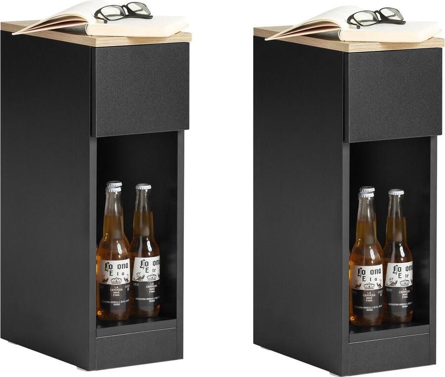 Rootz Living Rootz Nachtkastje Set van 2 Sofatafel Bijzettafel Zwart met lade en open vak Stabiel met antislipvoetkussens 20 cm x 60 cm x 35 cm