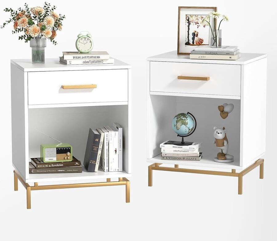 Nachtkastje set van 2 wit hout bijzettafel banktafel smal met laden en open vak telefoontafel nachtkastje voor slaapkamer woonkamer 48 5 x 40 x 63 cm