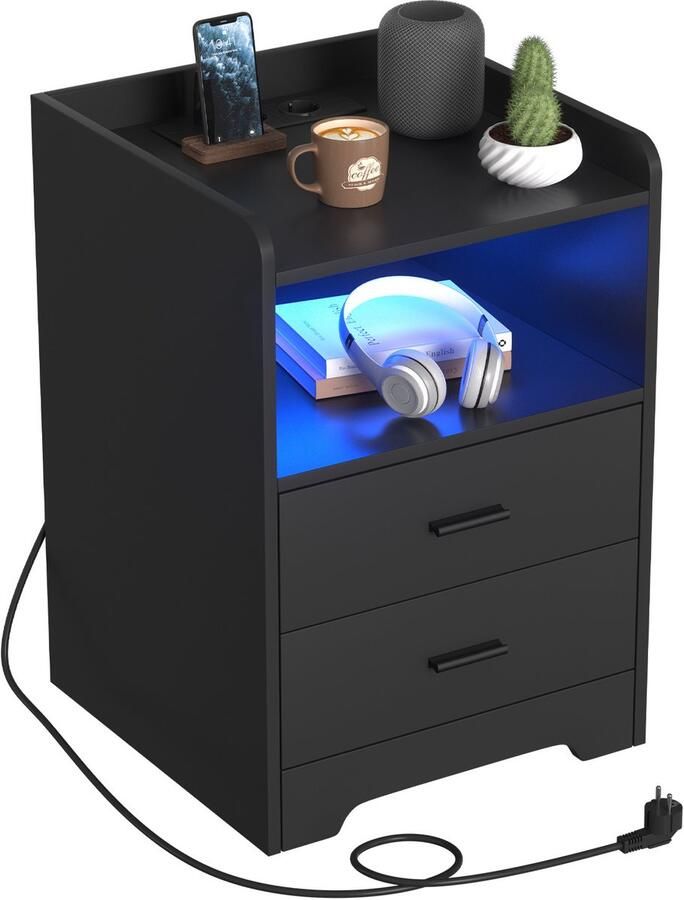 Nachtkastje Sofa-tafel met LED-verlichting nachtkastje met oplaadstation 2 laden voor slaapkamer woonkamer Zwart