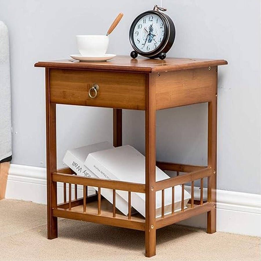 Industrieel bamboe nachtkastje vintage opbergrek voor slaapkamer 30 x 30 x 49 cm walnoot