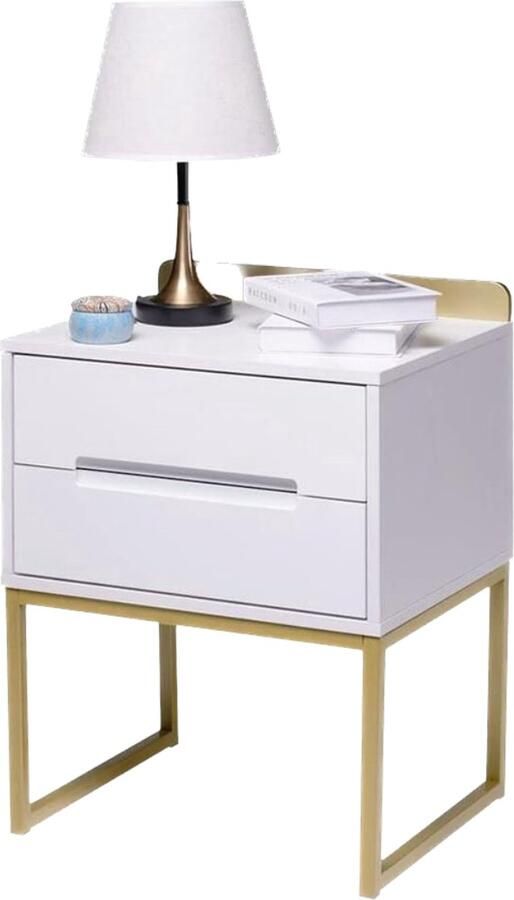 Houten nachtkastje met twee laden Organizer gemonteerd Metalen poten Wit goud Slaapkamer en woonkamer