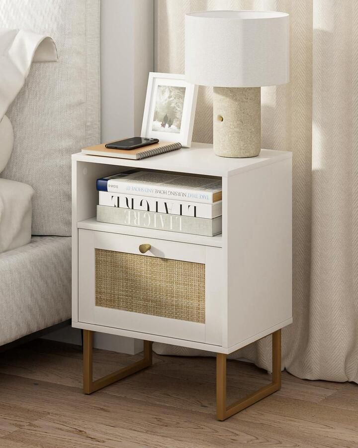 Nachtkastje van Rotan Boho-Modern 1 stuk Wit Hout