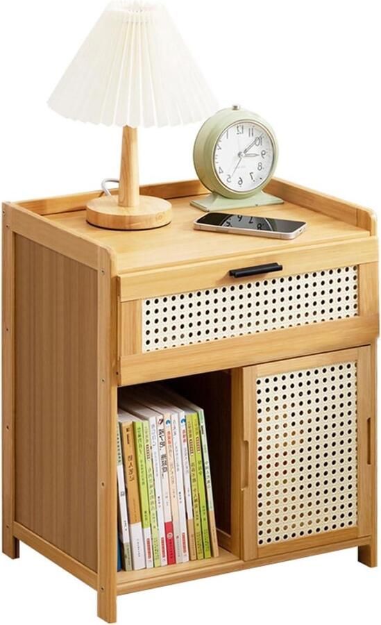 Nachtkastje van rotan hout landelijke stijl met opberglade en deur boho-nachtkast voor slaapkamer en woonkamer ideaal als bedtafel