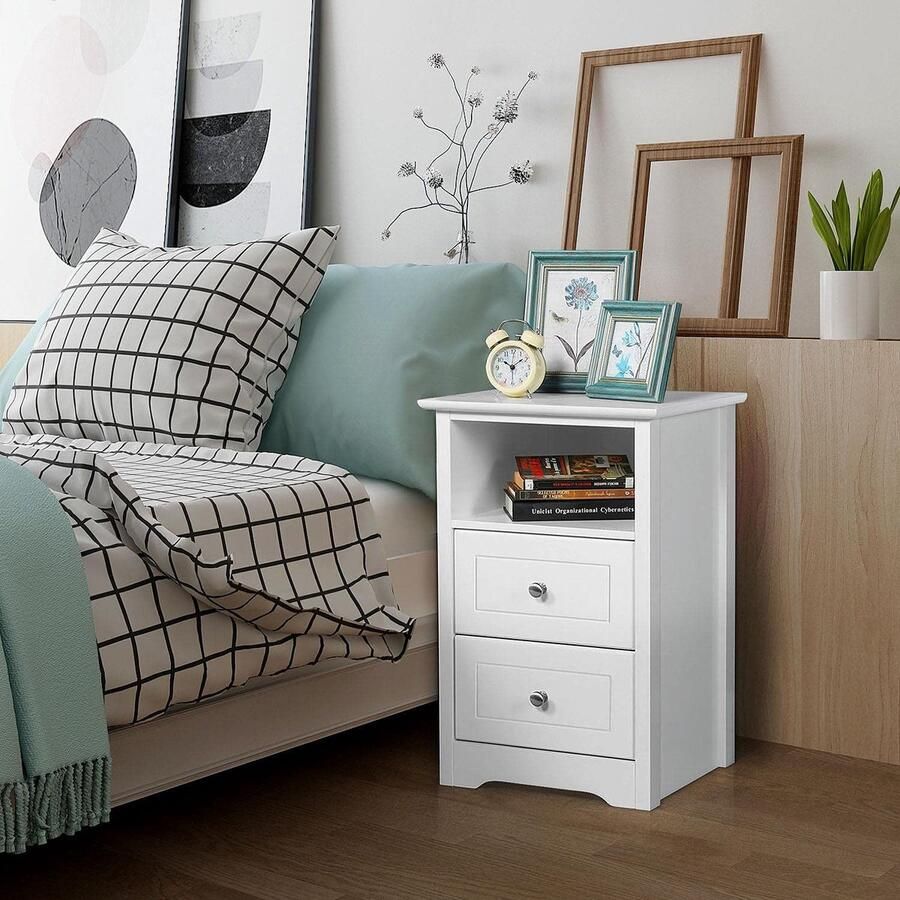 Nachtkastje voor boxspringbedden nachtkastje in wit met 2 laden en 1 open plank