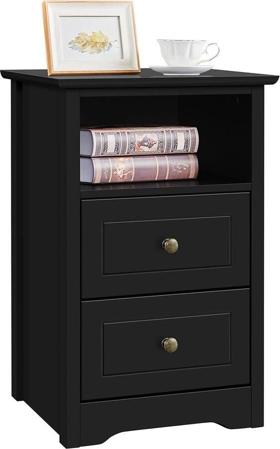 Nachtkastje voor boxspringbedden nachtkastje in zwart met 2 laden en 1 open plank