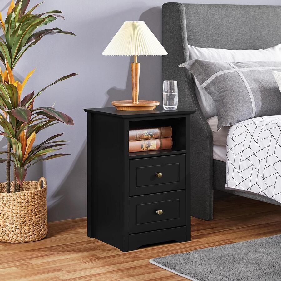 Nachtkastje voor boxspringbedden nachtkastje in zwart met 2 laden en 1 open plank