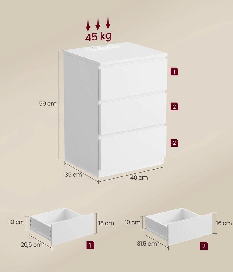 Nachtkastje Wit 3 Laden Schuine Rand 2 AC Aansluitingen 2 USB Poorten Nachtkastje Woonkamer Slaapkamer Minimalistisch Design Duurzaam Ruime Opbergruimte