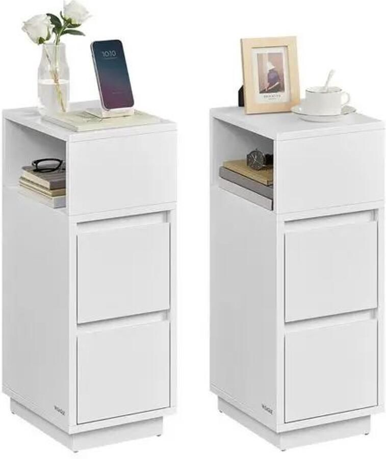 Nachtkastje Wit Bedside Bedtafel Set Van 2 Smal Bijzettafel Met 2 Laden Open Compartiment