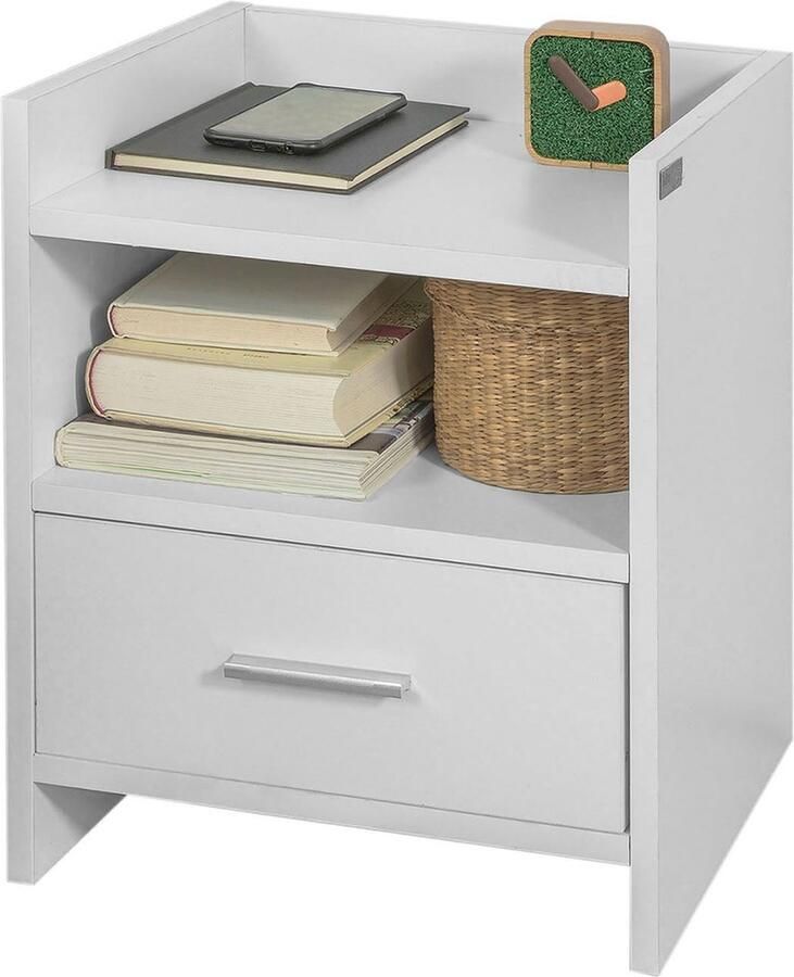 Rootz Living Rootz Nachtkastje Wit Bijzettafel Nachtkastje Spaanplaat met melamine afwerking Veelzijdige opbergruimte met 2 planken en lade Ideaal voor slaapkamer hal kantoor 38 cm x 45 cm x 35 cm