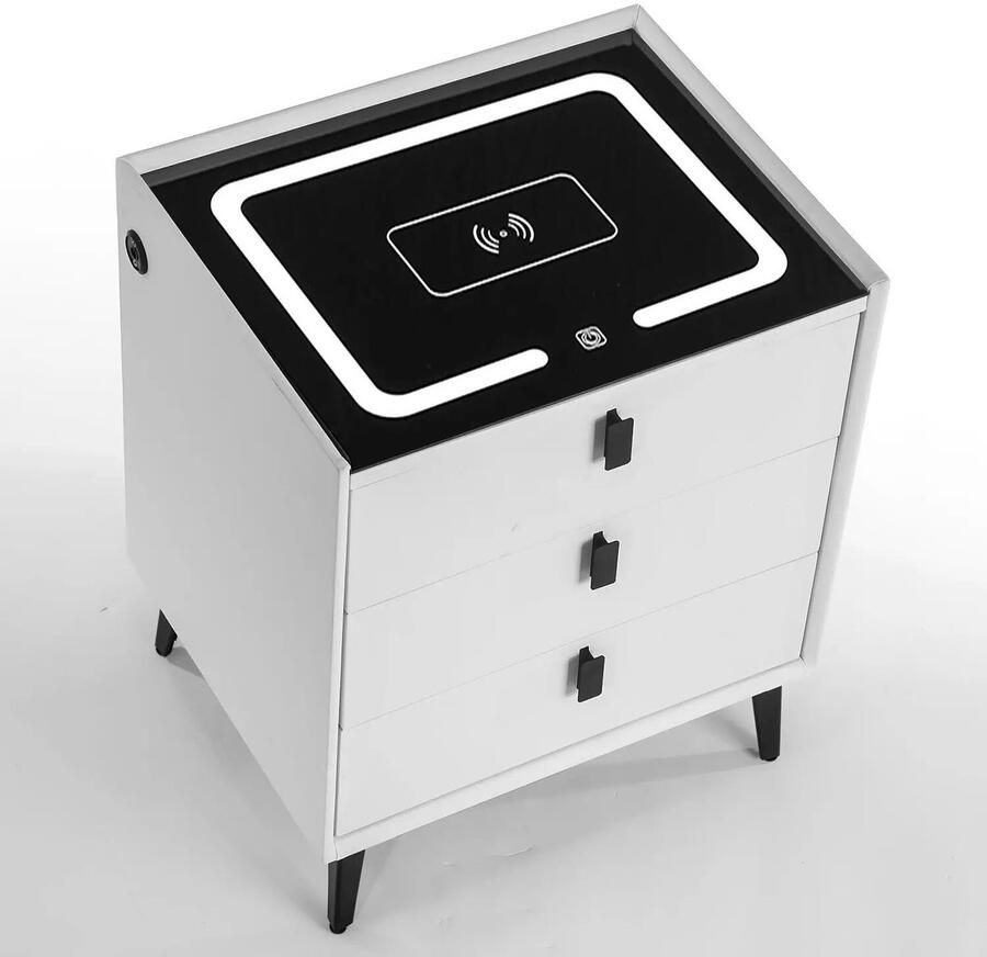 Nachtkastje Wit Nachtkastjes Modern Met LED verlichting Draadloos opladen 3 Lades 33 x 50 x 59.5