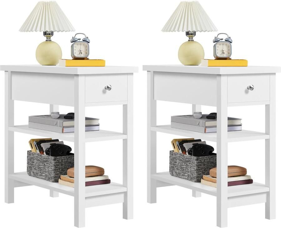 Nachtkastje wit set van 2 nachtkastje van MDF 3 niveaus bijzettafel met 2 legplanken en lade moderne telefoontafel gangtafel salontafel voor woonkamer slaapkamer