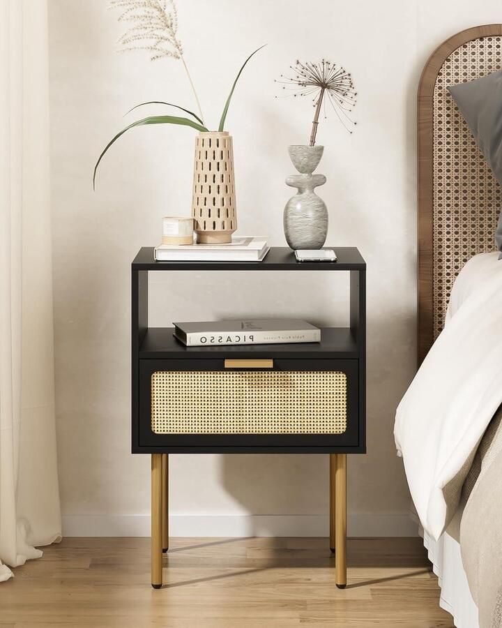 Nachtkastje zwart rotan lade gouden frame slaapkamer woonkamer nachtkastje zwart 60 cm hoog