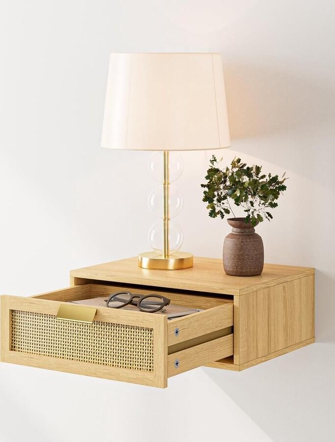 Nachtkastje zwevend bijzettafel rotan nachtkastje met lade nachtstandaard heen en weer bewegende planken voor woonkamer badkamer slaapkamer geel