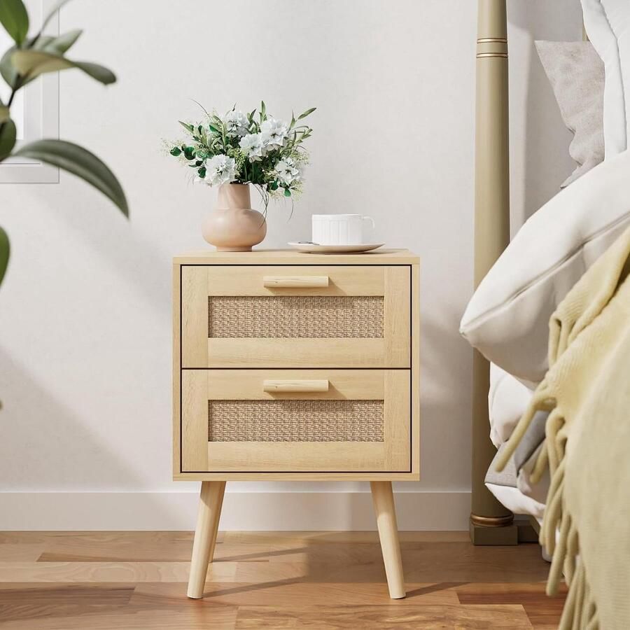 Handgemaakte rotan bijzettafel met laden Houten accent Opbergruimte voor slaapkamer en woonkamer Natuurlijke kleur Bijzettafel