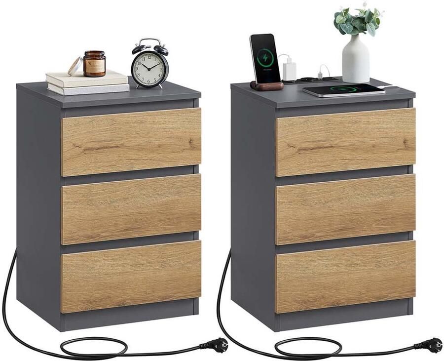 2 -delige set nachtkastje eindtafel laadstation grijs bruin 35 cm x 40 cm x 59 cm