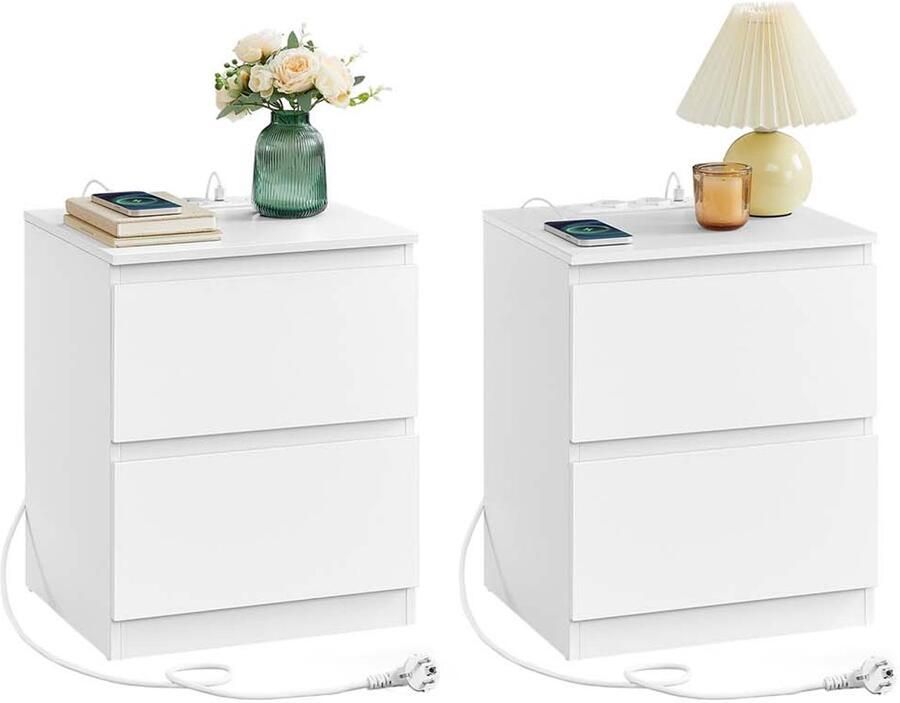 Nachtkastje 2-delige set met stopcontacten en lades wolkenwit