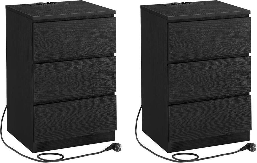 Sierra Nachtkastje set van 2 bijzettafel 3 laden afgeschuinde rand 2 AC-stopcontacten 2 USB-aansluitingen woonkamer slaapkamer werkkamer modern ebbenhout zwart