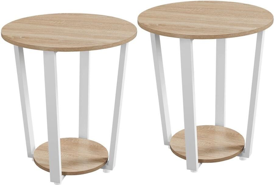 Nachtkastjes set van 2 ronde bijzettafel opbergtafel voor woonkamer en slaapkamer banktafel van hout en metaal eiken