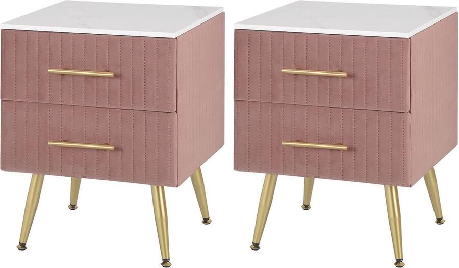Nachtkastjes Set van 2 Roze Fluwelen MDF Nachtkastjes met Laden voor Slaapkamer en Woonkamer