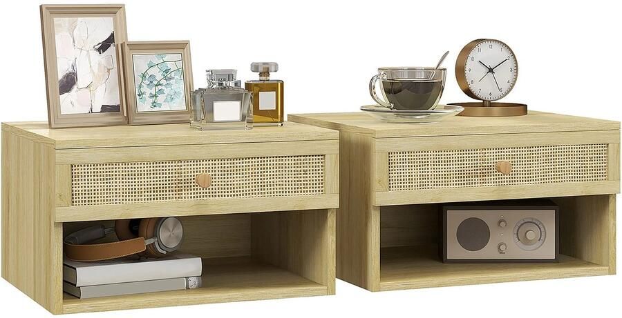 Livetastic Nachtkastjes Set van 2 Zwevend Hout Rotan Landelijk Hangend 40 x 34 x 23 cm (lxbxh)