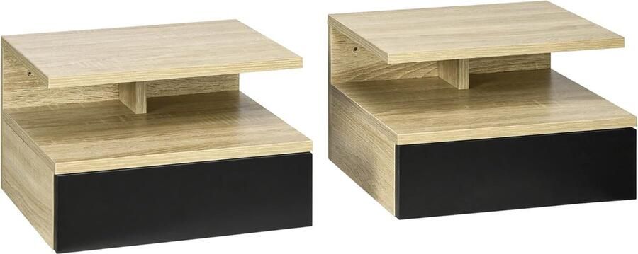 Nachtkastjes voor wandmontage 2 stuks set met 2 nachtkastjes uittrekbare lade nis tafelblad van hout zwart eiken