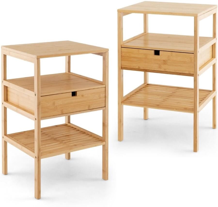 Nachtkastje set van 2 3-laags bamboe nachtkastje Multifunctioneel nachtkastje met opberglade en lattenbodem Natuurlijk