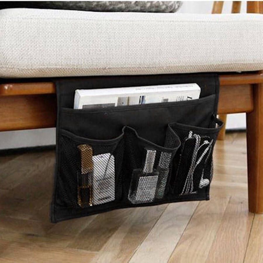 Nachtkastorganizer 4 vakken voor bed bank om op te hangen houder voor boek mobiele telefoon glazen tv-afstandsbediening (zwart)