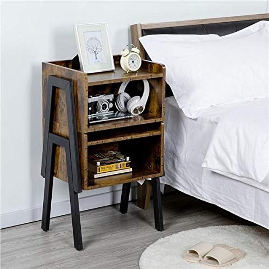 Nachtkastset 2 nachtkastje stapelbaar nachtkastje met open vak industrieel design rustieke houtlook metalen poten stabiel vintage