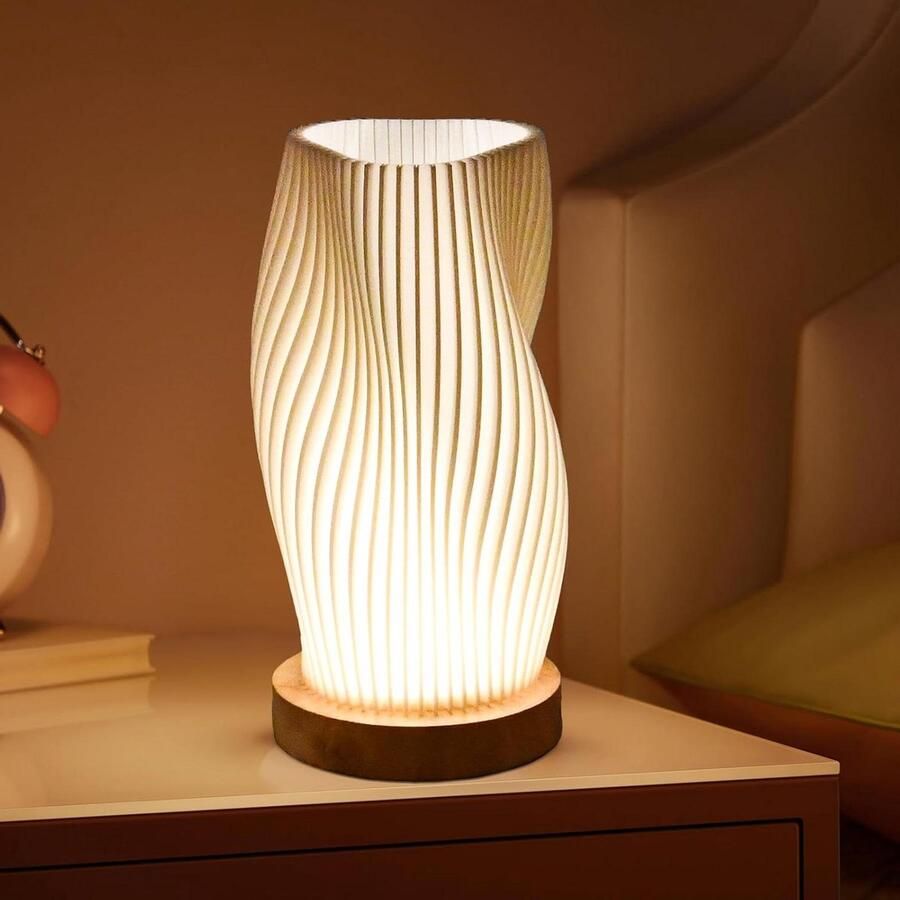 Nachtlampje met houten sokkel 9-traps dimbaar PLA-lampenkap voor slaapkamer nachtkastje wkamer