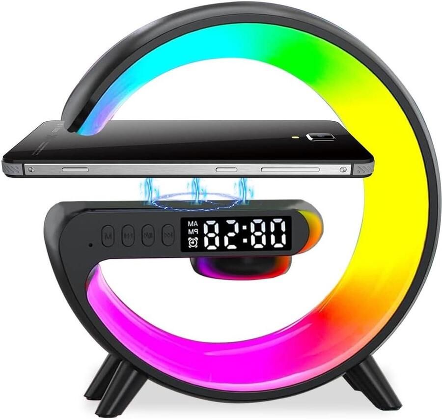 Nachtlampje met klok wekker en oplaadfunctie sfeerlamp wekker met laadstation tafellamp draadloos opladen intelligente tafellamp met muzieksynchronisatie 10 lichtkleuren (zwart)