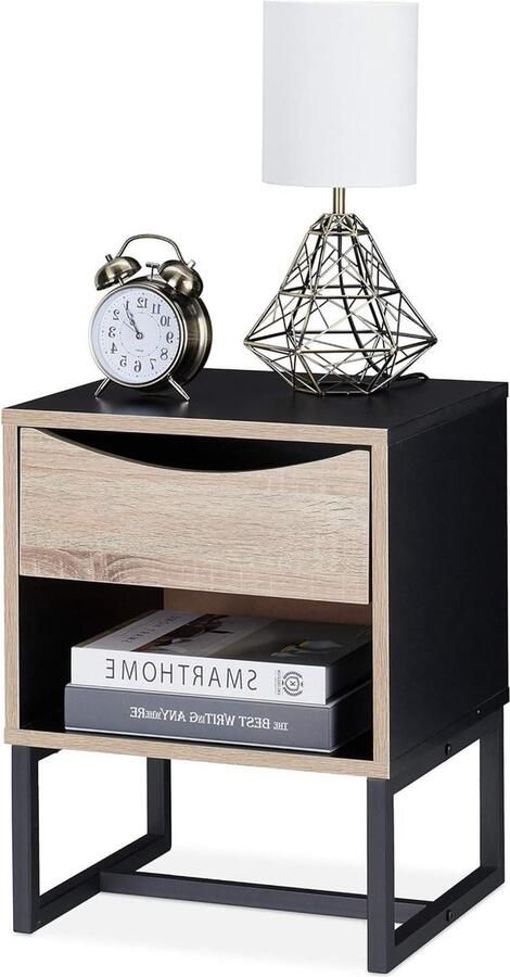 Nachtkastje lade 50x39x35 cm Bijzettafel voor woon- en slaapkamer Metaal en houtkleur zwart
