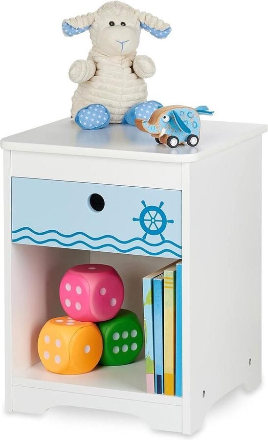 Nachttafel kinderen nachtkastje met lade en opbergvak HBD 41 x 32 x 31 cm wit blauw kinderkamer