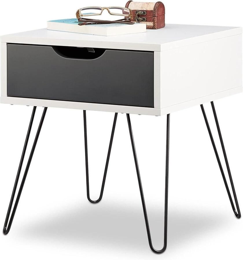 Nachttafel met lade 44x40x40 cm Moderne Hoekige Bijzettafel Wit Grijs