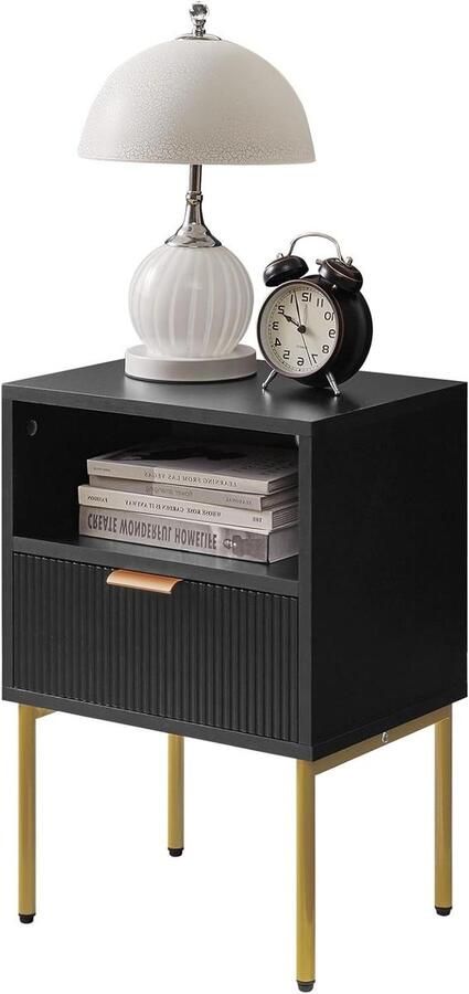 Nachttafel met opberglade en gouden frame voor slaapkamer en woonkamer in Mid-Century Modern stijl zwart WNS008B