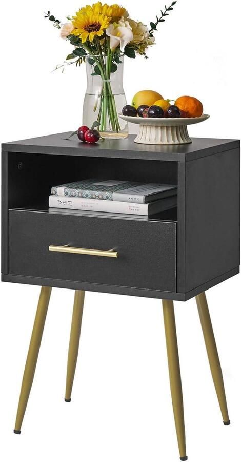 Nachttafel met poten uit het midden van de eeuw en 2 niveaus opbergruimte zwart WNS004B