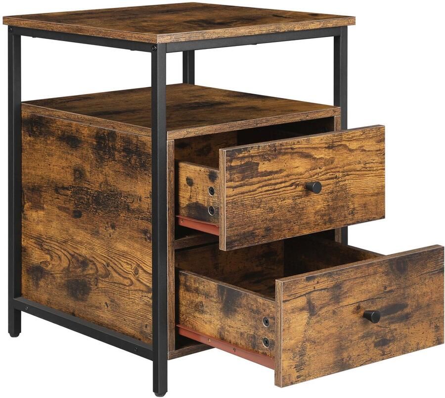 Nachttafel Opbergkast Bijzetkast 4 met 1 open vak en 2 lades geschikt voor woonkamer en slaapkamer 45x45x60 cm bruin en zwart