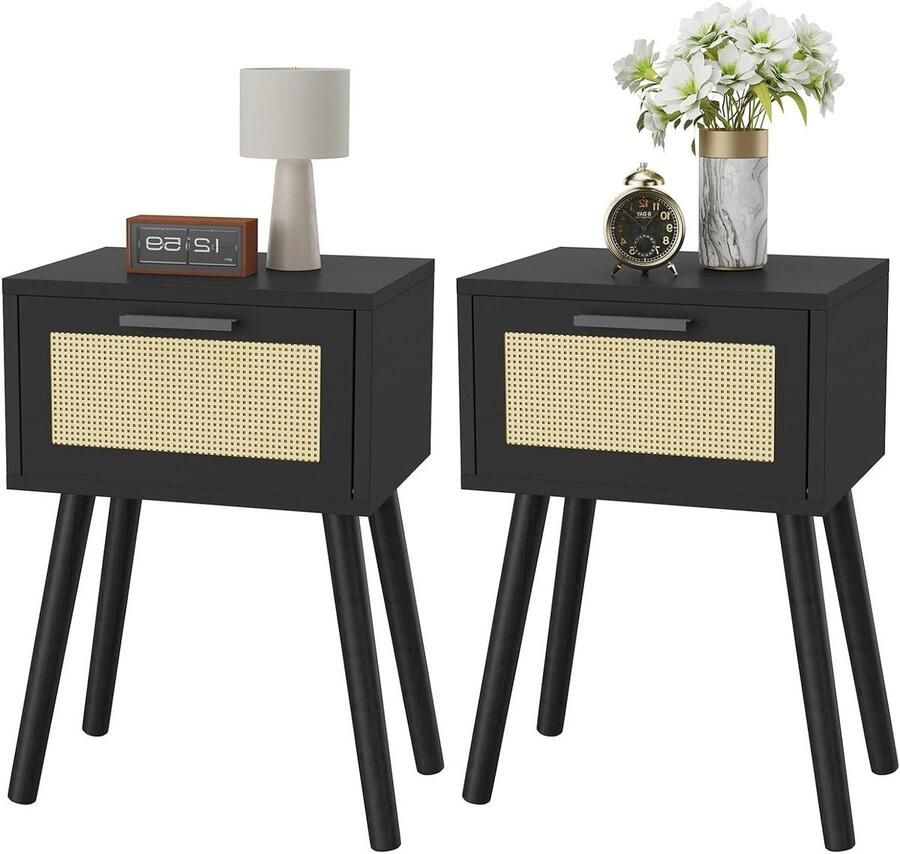 Nachttafel set van 2 bijzettafels boho-nachtkastje met magnetische lade en massief houten poten 35 x 40 x 56 cm Zwart HST010B-2
