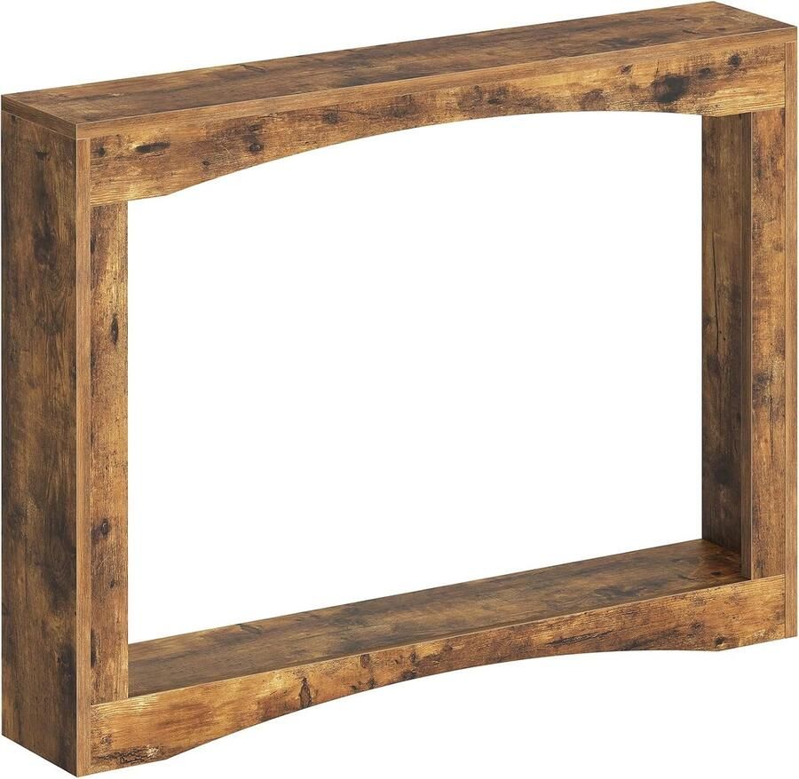 Narrow 100 cm long underpass table perfect for placing behind a sleek sofa. Made of rustic wood in a vintage brown color – ideal for a living room hallway or entryway