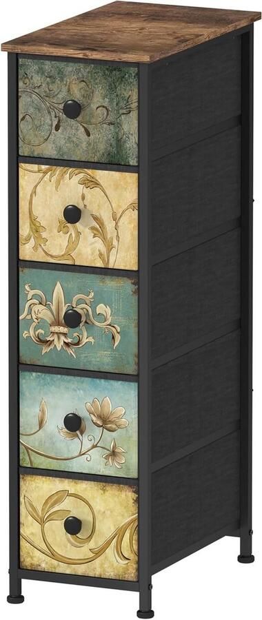 Narrow 5-Drawer Fabric Bohemian Dressing Table Chest of Drawers for Bedroom Living Room Hallway
