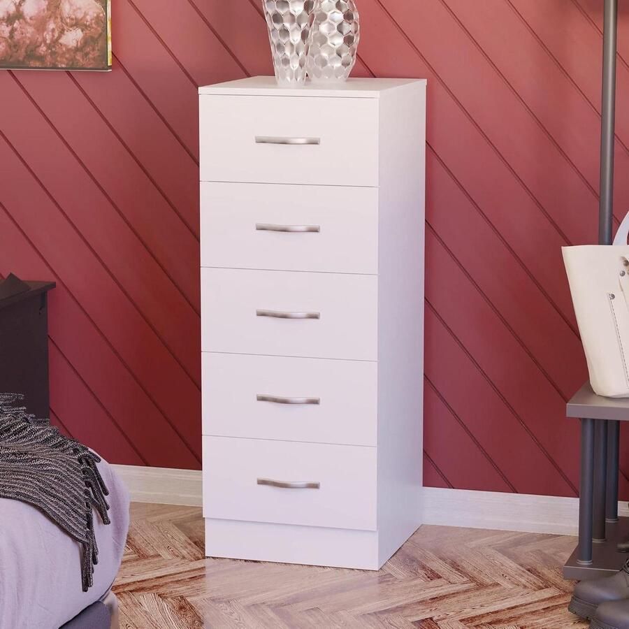 Narrow 5 Drawer Long Chest with Sliding Drawers Bedroom Storage Unit (White)