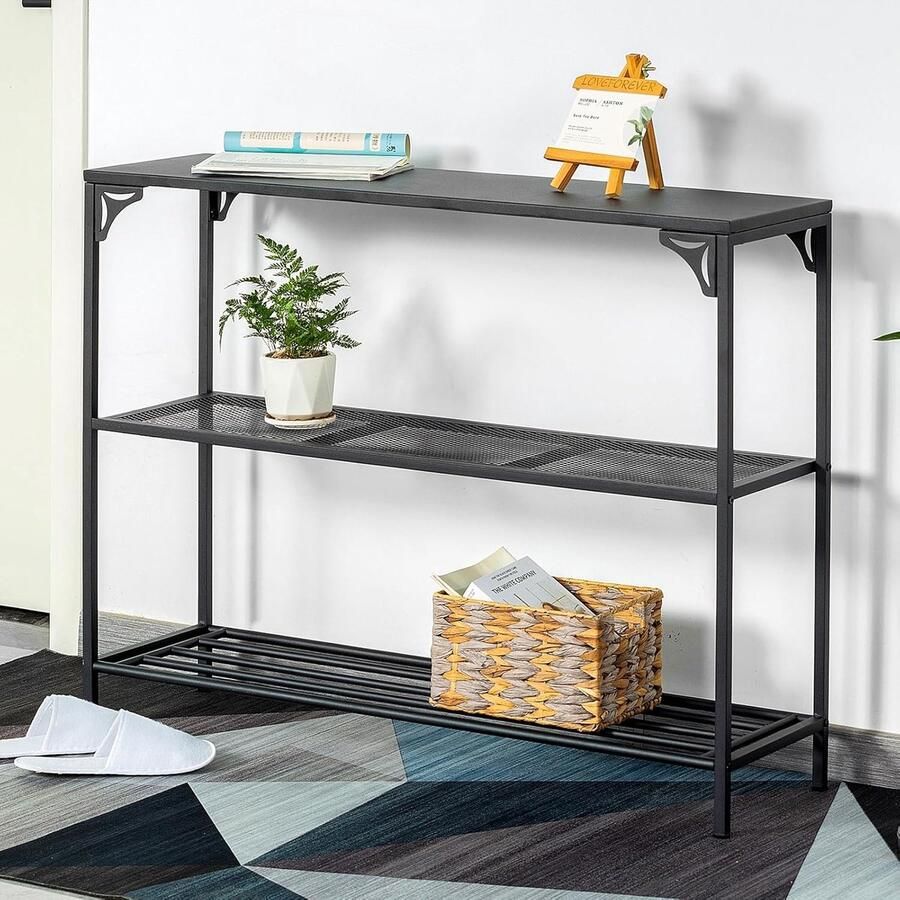 Narrow Console Table met 2 Shelves Grid Shelves Side Table Dresser Sofa Table voor Woonkamer Hal Slaapkamer en Kantoor 100 x 30 x 80 cm Zwart