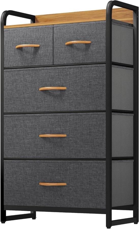 Narrow Fabric Chest of Drawers with 5 Drawers and Easy Pull Handle Sturdy Steel Frame Dark Grey