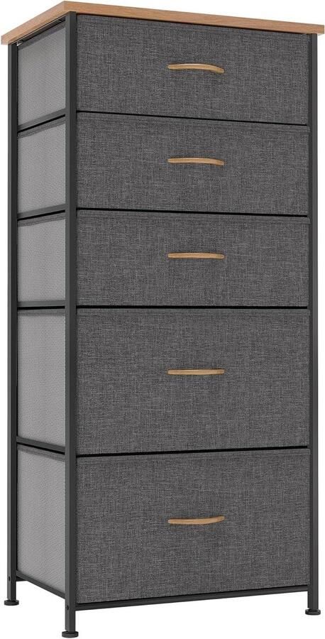 Narrow Fabric Chest of Drawers with 5 Easy Pull Drawers Sturdy Steel Frame Storage for Bedroom Kids Room Closet Dark Grey