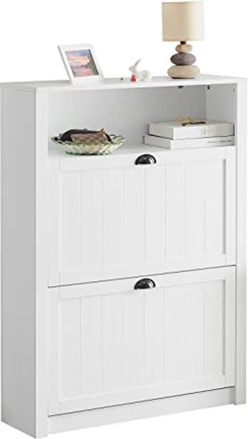 Narrow Shoe Rack with 4 Shelves and 2 Flaps Stylish White Storage Solution for Hallway