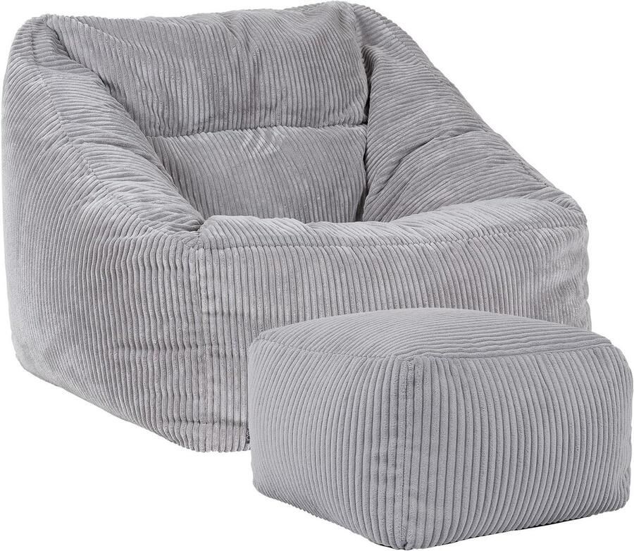 Natalia Fauteuil met Hocker Grijs Corduroy Stof Volwassen met Vulling Inbegrepen Bean Bag Slaapkamer Woonkamer Woonkamermeubilair