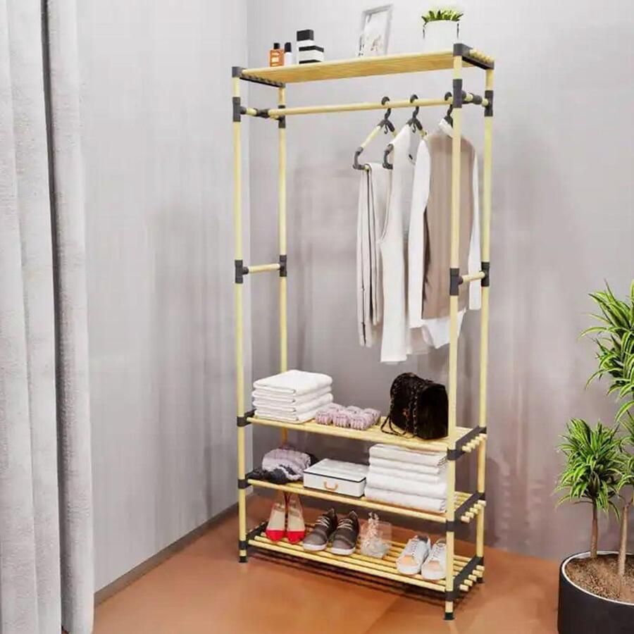 Natural Wood Coat Rack with Shoe Bench 4 Shelves for Shoes Modern Design Dimensions 76 x 28 x 165 cm halmeubel met kapstok