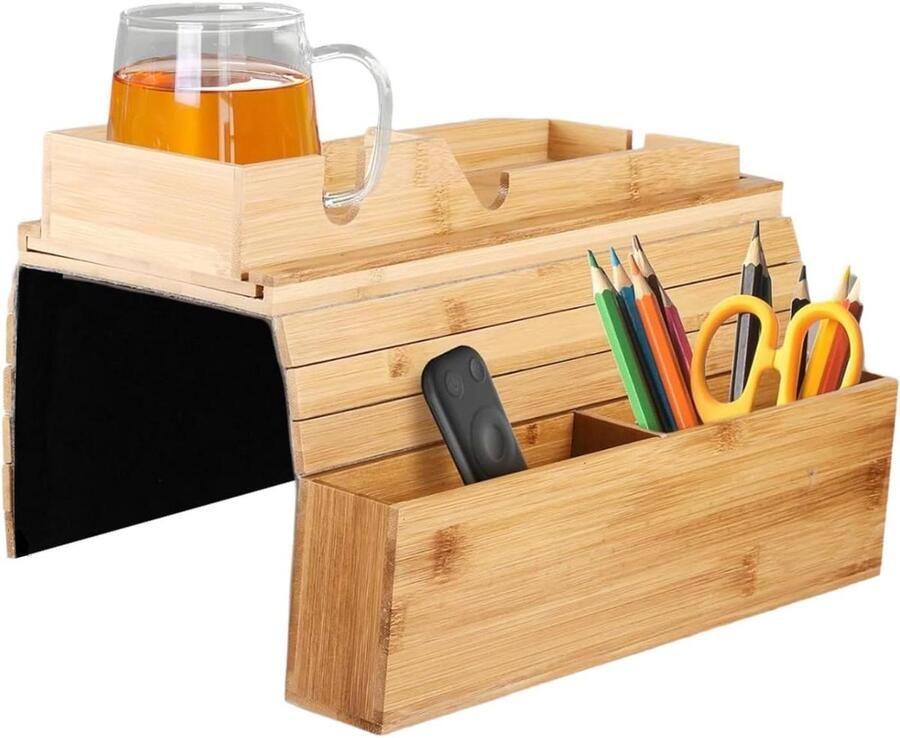 Natuurlijk bamboe armleuning bankovertrek met bekerhouder en dienblad Opvouwbaar en antislip