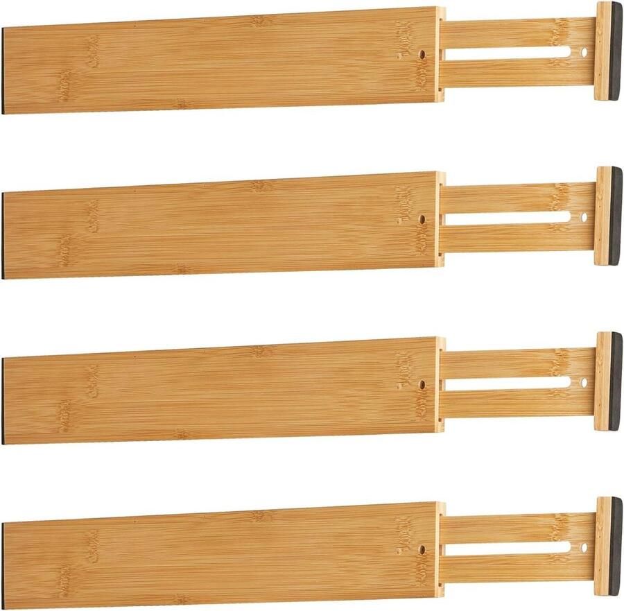Natuurlijk bamboe ladeverdeler verstelbaar 43-56 cm Geveerde lades Opbergsysteem organizer Keuken badkamer slaapkamer commode kantoor Set van 4