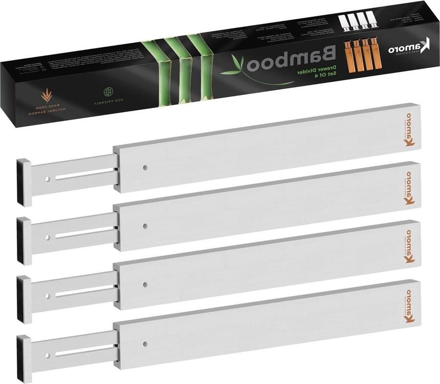 Natuurlijk bamboe verstelbare ladeverdelers set van 4 tussen 45 en 57 cm wit