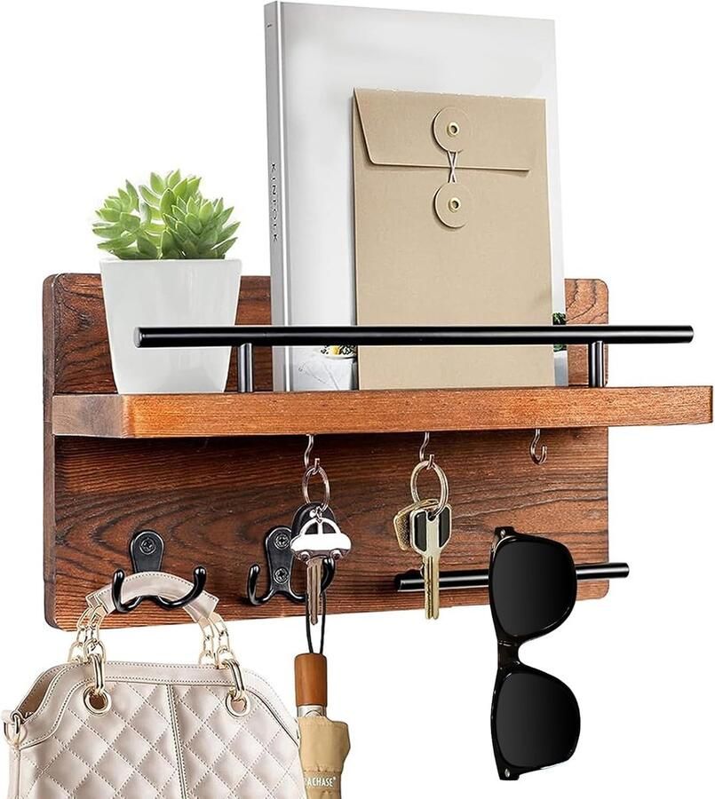 Natuurlijk Houten Sleutelhouder met Plank en Brievenrek voor Ingang en Hal